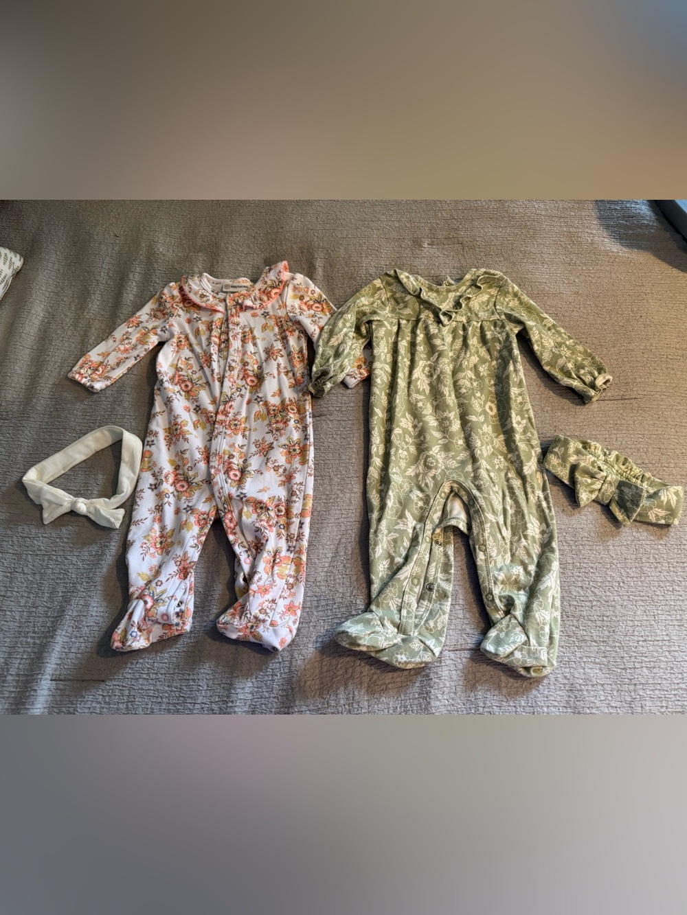 Floral Footed Baby Rompers - Green & Cream Floral Set